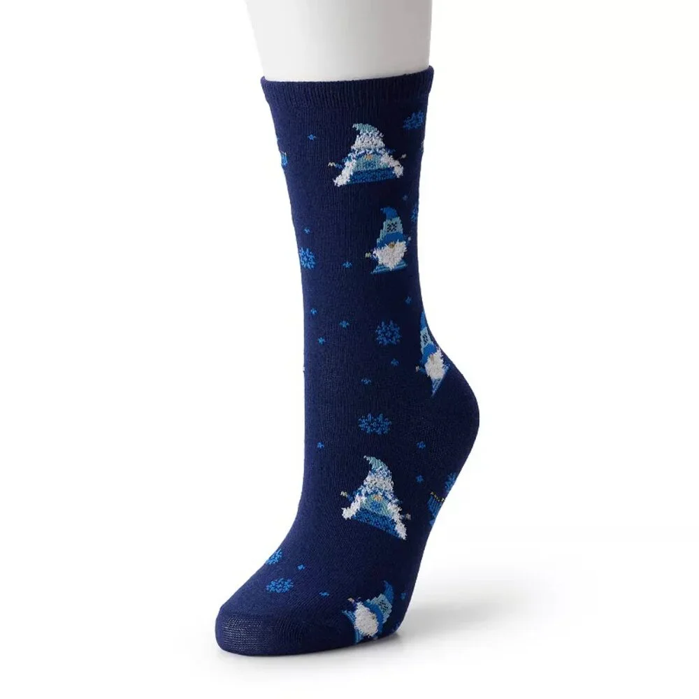 3 pairs of Women's Navy Blue Crew Socks featuring Hannukah Gnomes + Menorahs